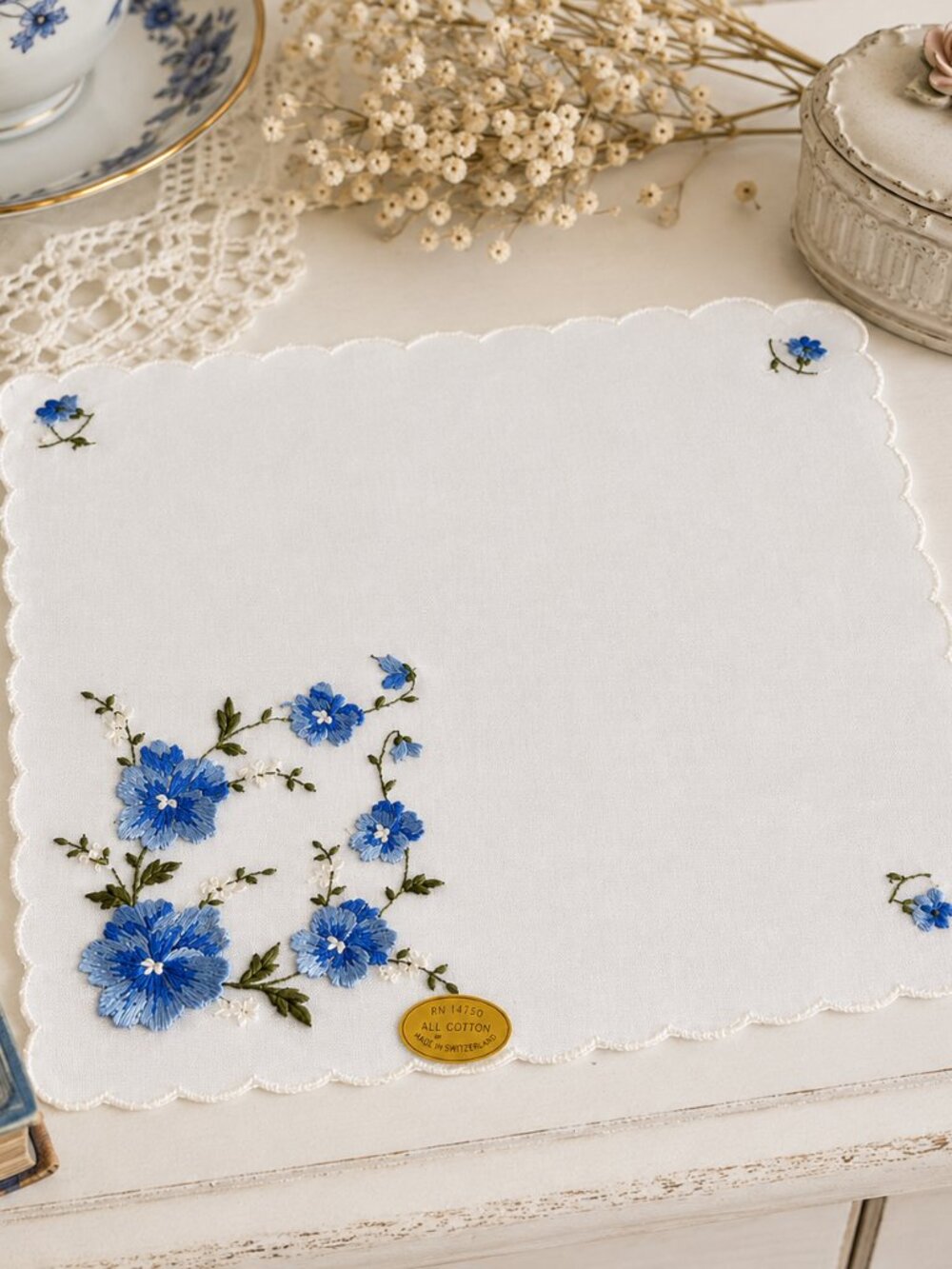 Vintage Swiss Embroidered Cotton Handkerchief Blue Floral Scalloped Edge RN 1475